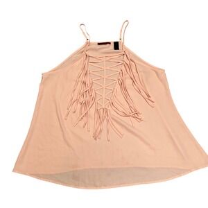 BKE Red Womens Peach Pink Fringe Lace Up Halter Tank Top Chiffon Size L Festival